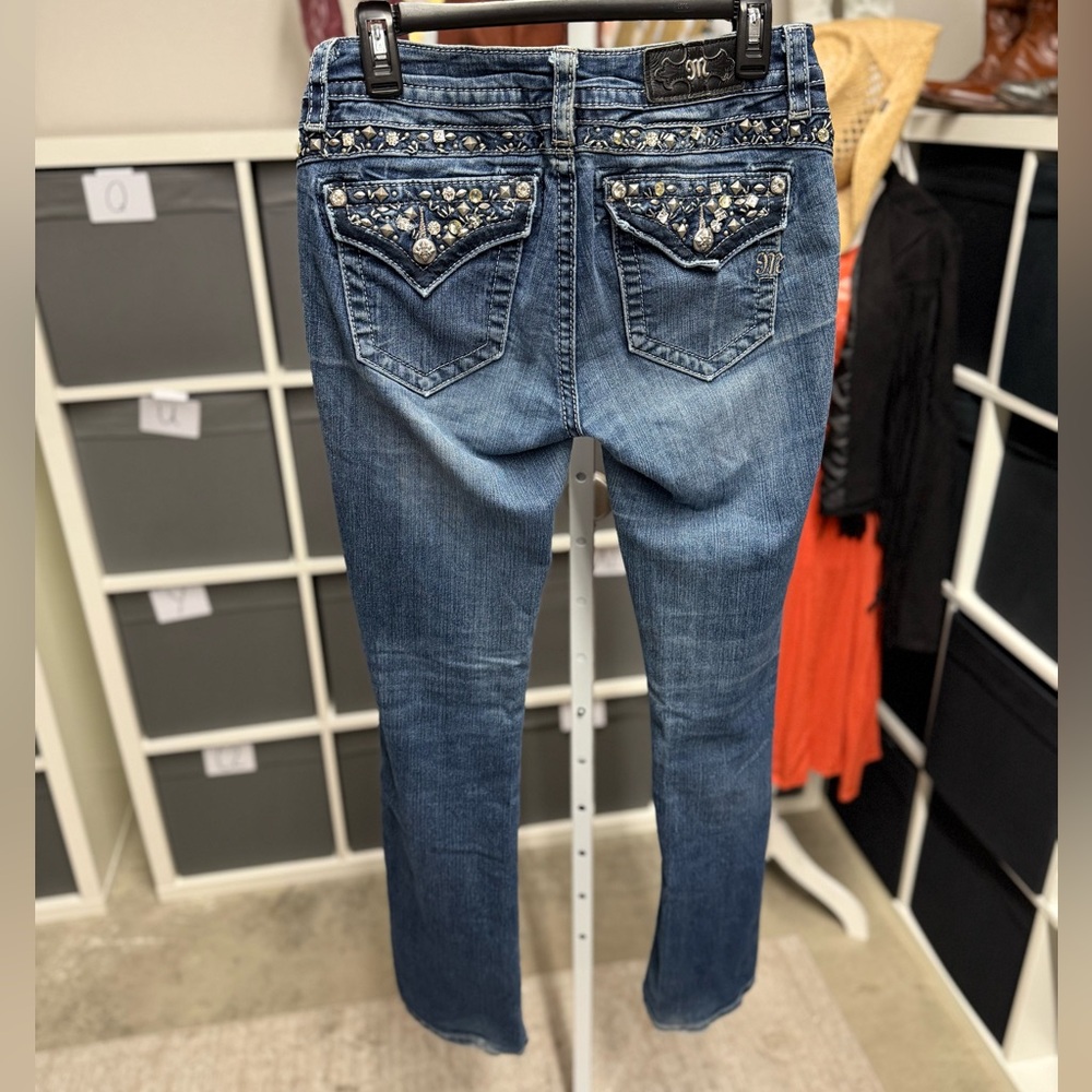 Miss Me Mid Rise Slim Bootcut Bling Embellished Stone and Studded Pockets Y2K